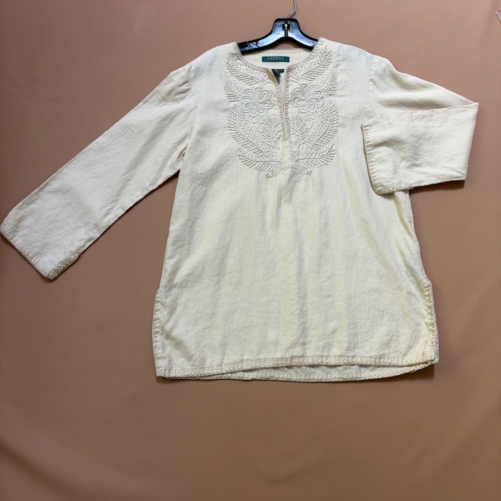 Lauren Ralph Lauren Cream Linen Embroidered Tunic Blouse Beige Boho Womens Med